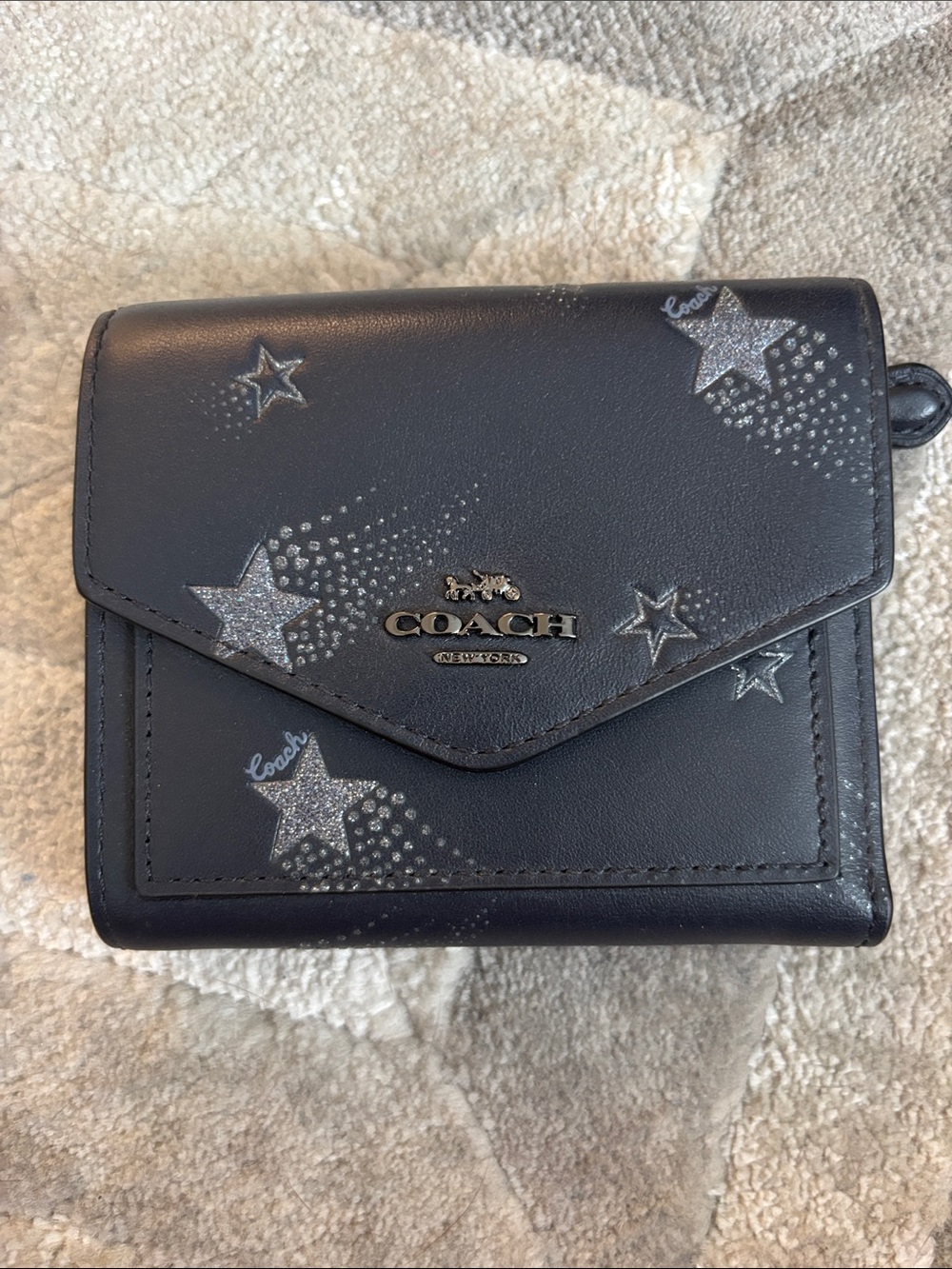 Coach Navy Leather Star-Print Compact Wallet